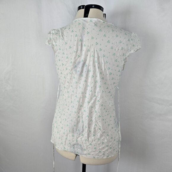 Gemini Blouse Women's XL White Green Floral Embordering Front & Back Ties Wrap - Picture 15 of 16